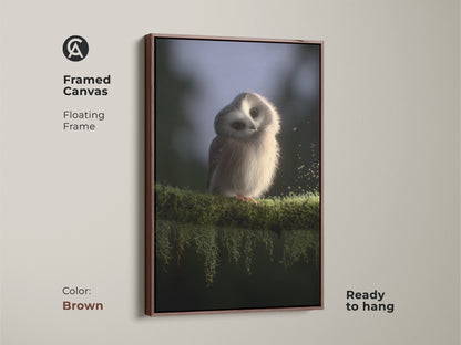 Framed canvas showcasing a baby owl. This cute owl wall art suits a Scandinavian nursery. The floating frame adds elegance to the moss branch artwork. Ready to hang with a brown frame.