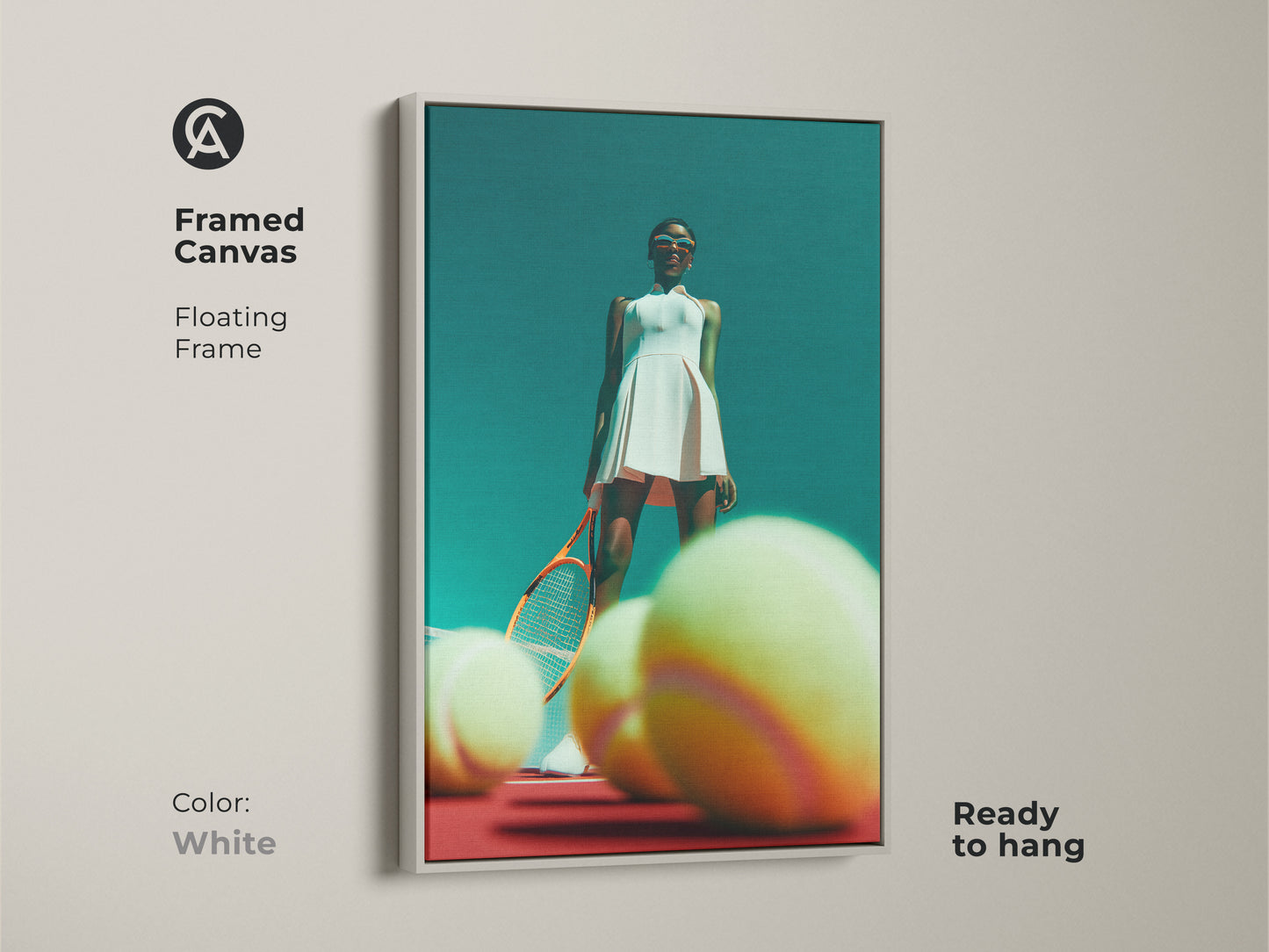 Framed canvas artwork of a tennis player in a white dress. The floating frame is white. The artwork captures a tennis player on a red court with tennis balls. This framed canvas is ready to hang. Enhance your home with this unique and sporty artwork