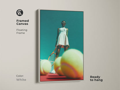 Framed canvas artwork of a tennis player in a white dress. The floating frame is white. The artwork captures a tennis player on a red court with tennis balls. This framed canvas is ready to hang. Enhance your home with this unique and sporty artwork