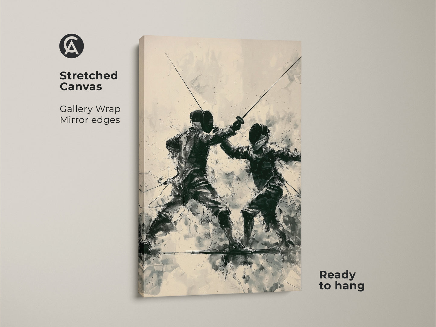 Stretched Canvas print of a fencing duel art. Gallery wrapped with mirrored edges this modern sports wall art is ready to hang. The dark green beige and black artwork is ideal as a gift for fencers and sports enthusiasts.