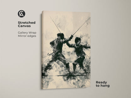 Stretched Canvas print of a fencing duel art. Gallery wrapped with mirrored edges this modern sports wall art is ready to hang. The dark green beige and black artwork is ideal as a gift for fencers and sports enthusiasts.