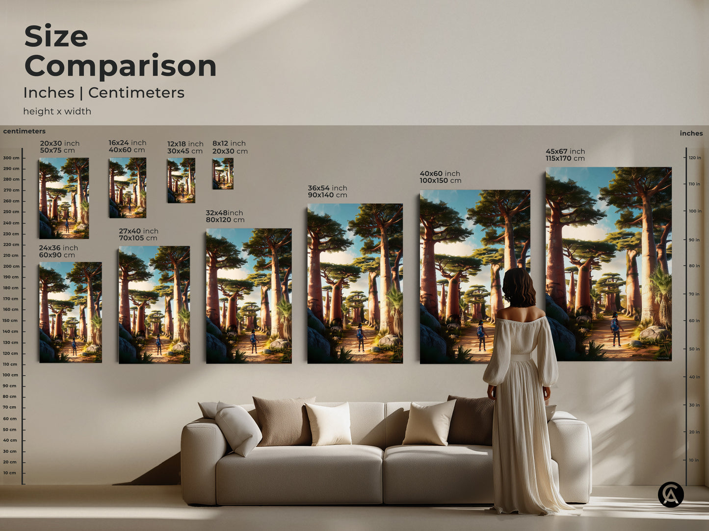 Size comparison of African Baobab Trees wall art. See inches and centimeters for various canvas and poster sizes. The digital painting features a traveler on a scenic path ideal for eclectic earth tones decor.