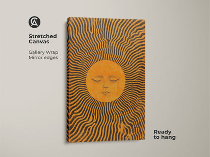 This stretched canvas displays a vibrant orange sun face art print. The boho celestial wall art has mid-century sun rays. The gallery wrap and mirror edges create a modern look. It's ready to hang adding abstract beauty to any living space.