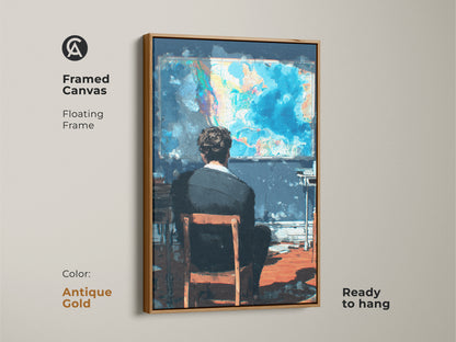 Adorn your walls with 'The Observer' framed canvas. An antique gold floating frame enhances this captivating art. The man is lost in thought before a vivid world map. Ready to hang and admire. This framed canvas adds a touch of sophistication to any room.