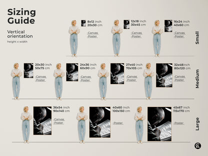 A sizing guide displays various dimensions for canvas and poster prints featuring a man reading in black and white. Sizes range from small to large to suit any room and decor needs. Perfect literature gift book lover present its ideal for study wall art decor office art print minimalist home decor academic wall art.