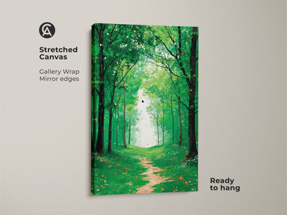 Stretched canvas of an emerald green forest path art. The gallery wrap displays mirror edges ready to hang. Boho butterfly woodland wall decor brings a peaceful nature landscape to any space.