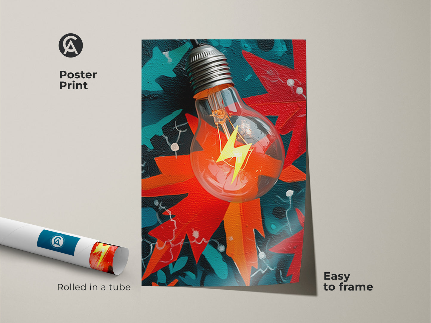 A poster print of abstract light bulb art rolled in a tube. The artwork displays a bold lightning bolt in red orange and teal. Easy to frame this office wall art adds inspiration. A great graduation gift idea.