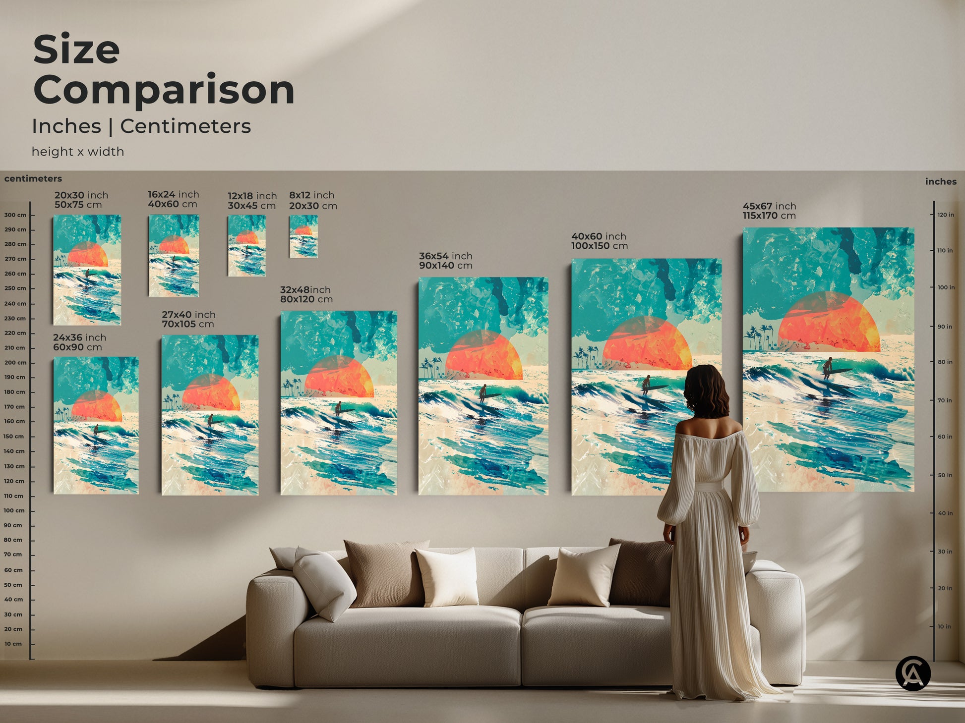 Compare sizes of this captivating surf art. A surfer rides a wave as the sun sets. See how different dimensions enhance your space. Visualize art in inches and centimeters. Find the perfect size to transform your living room with this artwork.