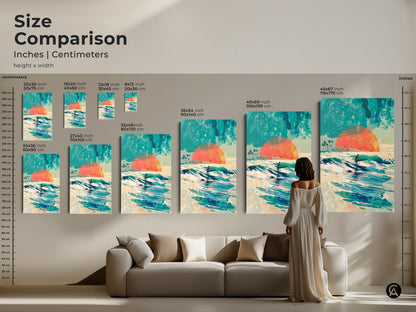 Compare sizes of this captivating surf art. A surfer rides a wave as the sun sets. See how different dimensions enhance your space. Visualize art in inches and centimeters. Find the perfect size to transform your living room with this artwork.