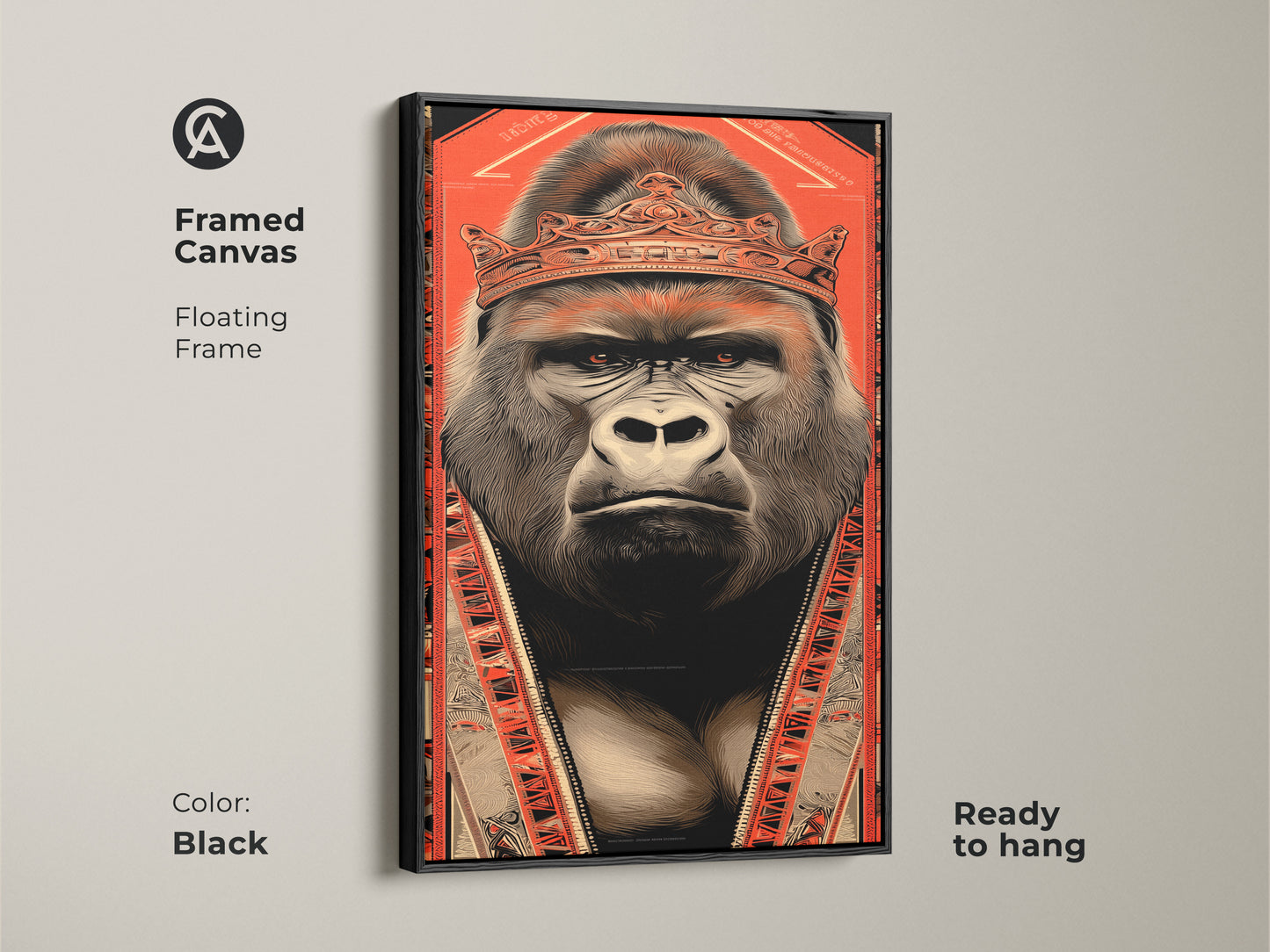 Framed canvas featuring a regal gorilla with a crown. This bold illustration is accented with tribal patterns. The black floating frame enhances the orange and black colors. This gorilla king wall art adds an eclectic touch to any room. It's ready to hang and perfect for animal lovers.