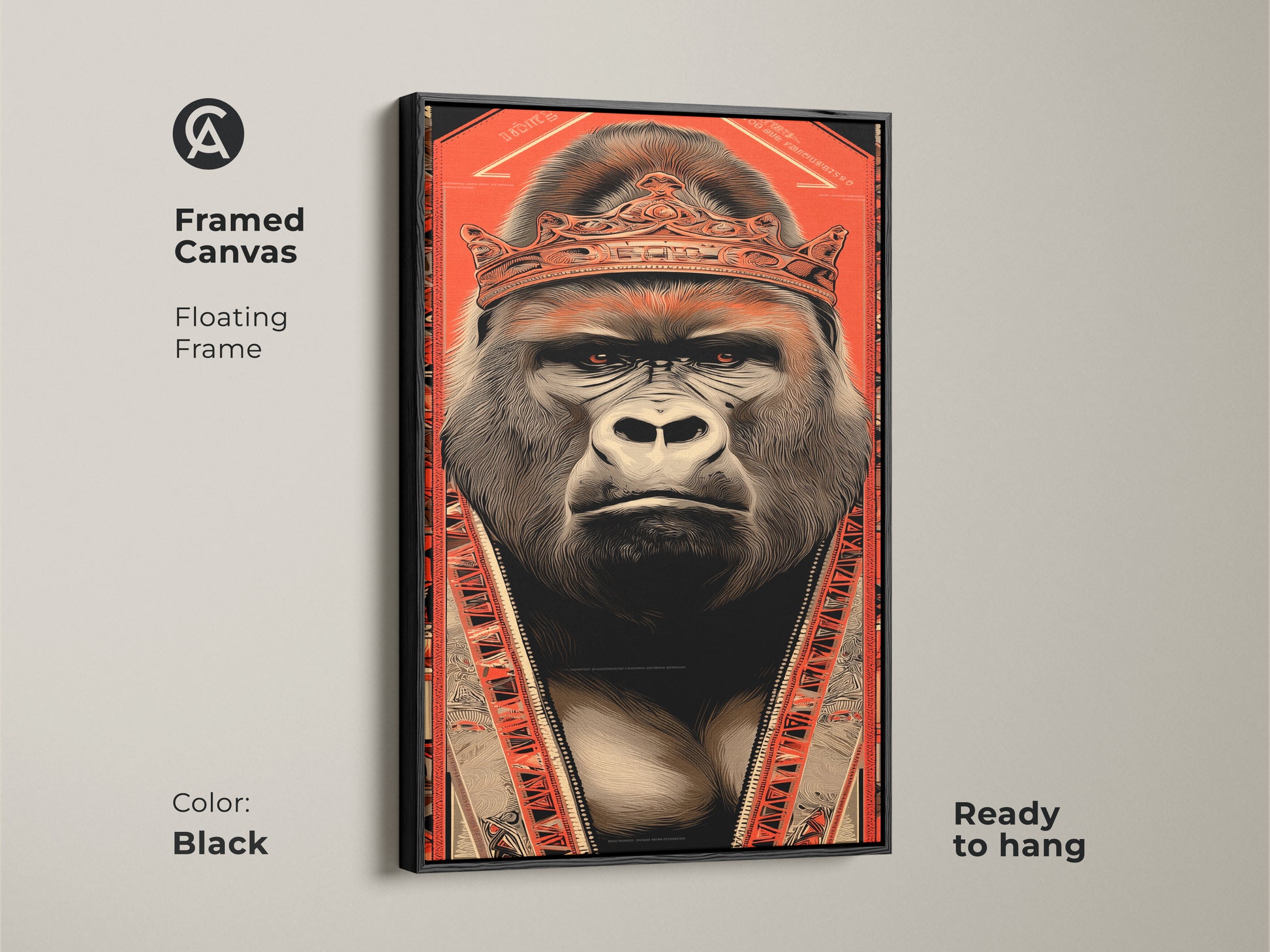 Framed canvas featuring a regal gorilla with a crown. This bold illustration is accented with tribal patterns. The black floating frame enhances the orange and black colors. This gorilla king wall art adds an eclectic touch to any room. It's ready to hang and perfect for animal lovers.