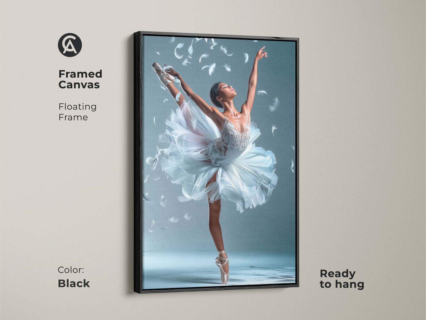 Black framed canvas of a ballerina. The floating frame enhances the artwork of a ballerina in a white tutu. Feathers accent her pose. Ready to hang this framed ballet art. It's a sophisticated addition to any room.