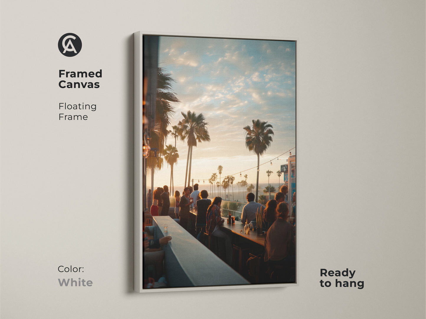 Framed canvas artwork of a vibrant sunset bar scene with a floating white frame. Silhouetted figures and palm trees create a lively coastal atmosphere. This ready-to-hang art piece adds a clean modern touch to any room.
