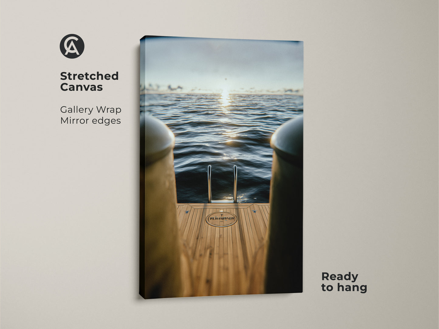 Elevate your decor with this minimalist ocean art. It features a yacht ladder and the serene ocean. This blue gold canvas print is gallery-wrapped and ready to hang. Ideal for modern maritime wall decor.