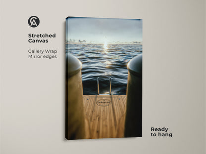 Elevate your decor with this minimalist ocean art. It features a yacht ladder and the serene ocean. This blue gold canvas print is gallery-wrapped and ready to hang. Ideal for modern maritime wall decor.