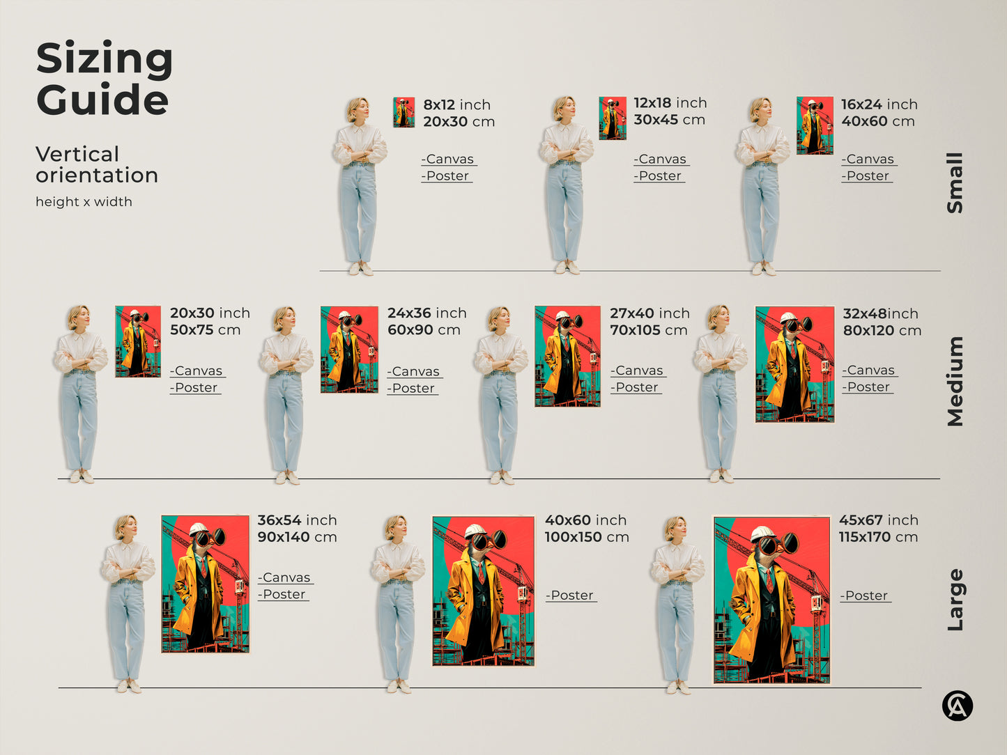 Sizing guide for vertical surrealist bird architect prints on canvas and posters.  Find small medium and large sizes to fit any space. Perfect unusual gift for him or creative workspace decor.