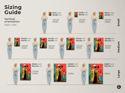 Sizing guide for vertical surrealist bird architect prints on canvas and posters.  Find small medium and large sizes to fit any space. Perfect unusual gift for him or creative workspace decor.