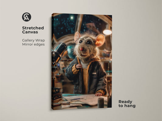 This is a stretched canvas print featuring a mouse astronaut. The gallery wrap has mirrored edges. The whimsical animal decor shows a mouse with glasses looking through a telescope. This sci-fi wall art brings eclectic charm to any space. It's ready to hang and enjoy as space exploration artwork.