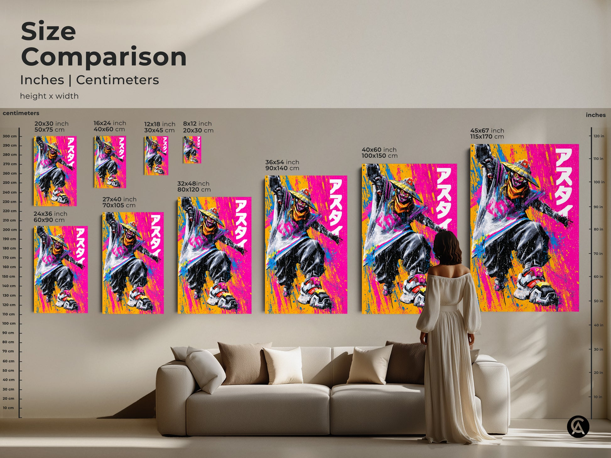 Size comparison of artwork in inches and centimeters. See how different sizes fit in a living room setting. Choose the ideal dimensions for your canvas or poster print. Discover the perfect art for your home.