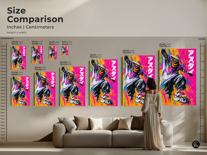 Size comparison of artwork in inches and centimeters. See how different sizes fit in a living room setting. Choose the ideal dimensions for your canvas or poster print. Discover the perfect art for your home.