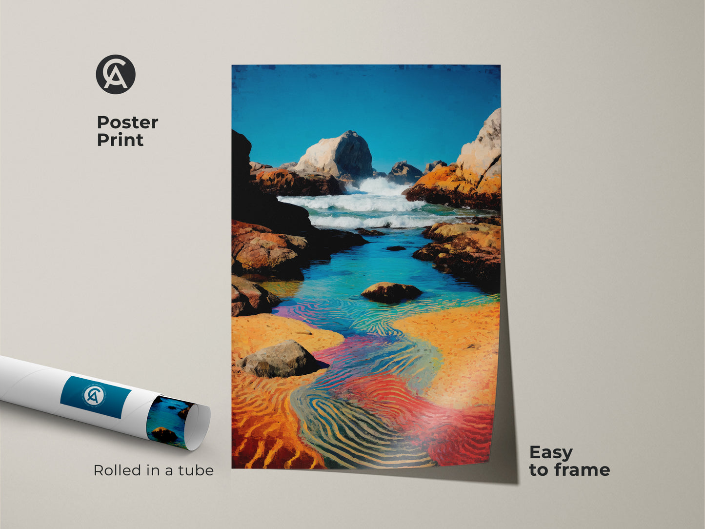 Poster print of a rocky coastline. Featuring impressionist ocean painting of a tidal pool. The artwork has blue aqua and orange. Easy to frame seaside landscape print is rolled in a tube.