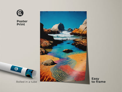 Poster print of a rocky coastline. Featuring impressionist ocean painting of a tidal pool. The artwork has blue aqua and orange. Easy to frame seaside landscape print is rolled in a tube.