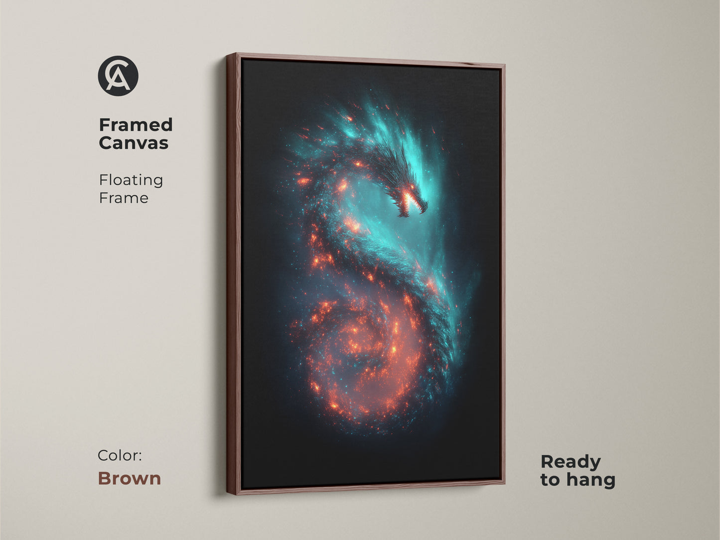 Framed canvas featuring a dragon galaxy art print. The floating frame enhances the cosmic nebula artwork. The teal and orange space art is ready to hang. Ideal for eclectic sci-fi wall decor. The brown frame adds a warm touch to this fantasy dragon artwork.