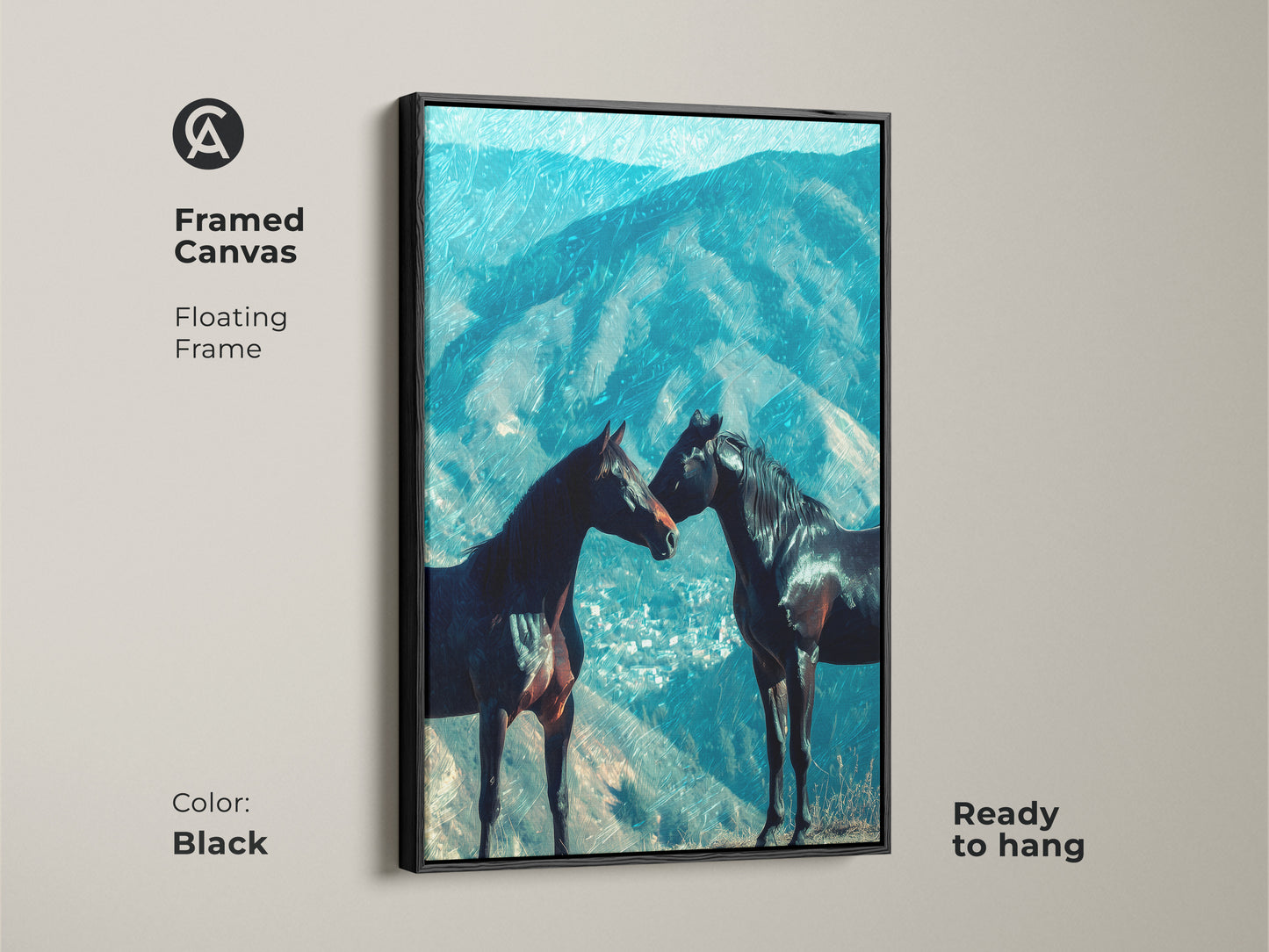 Framed in sleek black this horse couple canvas art adds modern flair. This equine landscape decor with a floating frame is ready to hang. The blue mountain wall art creates a serene focal point. An elegant and eclectic gift for horse owners.