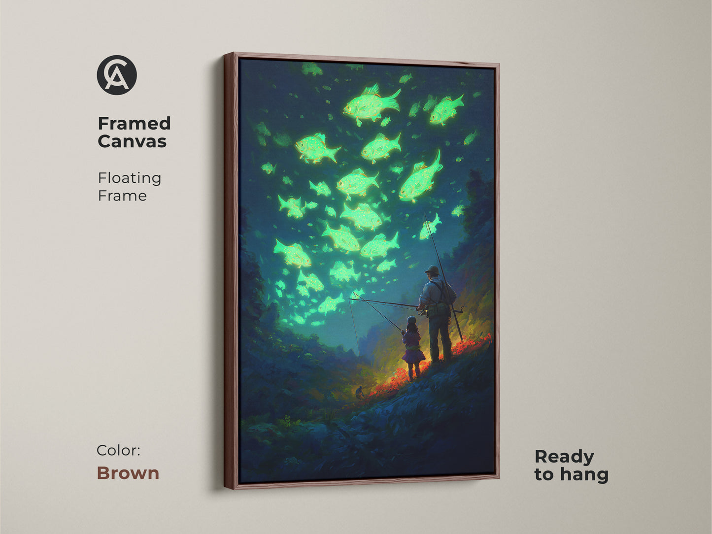 A framed canvas in a brown floating frame displays father daughter fishing wall art. Enjoy this emerald green fantasy art. It's a perfect birthday gift for father or father figure.