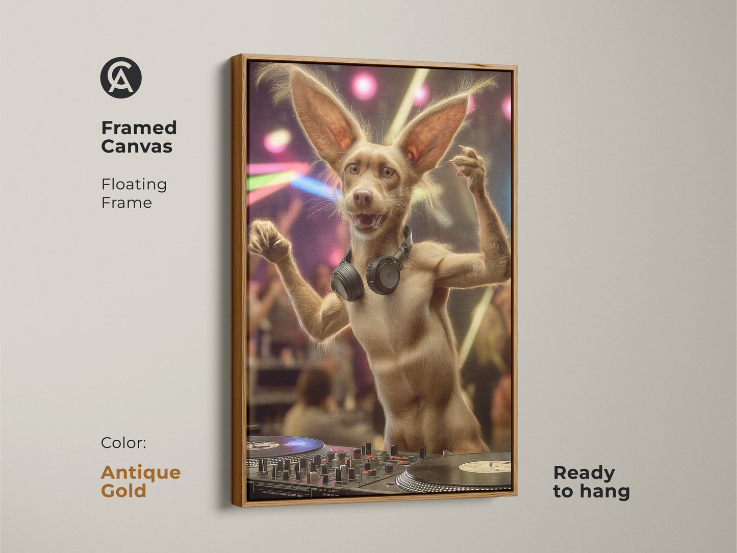 A framed canvas of a funny DJ dog art with floating frame in Antique Gold. This eclectic animal wall art is a fun gift for music lovers. It is ready to hang on any entertainment room or home bar.