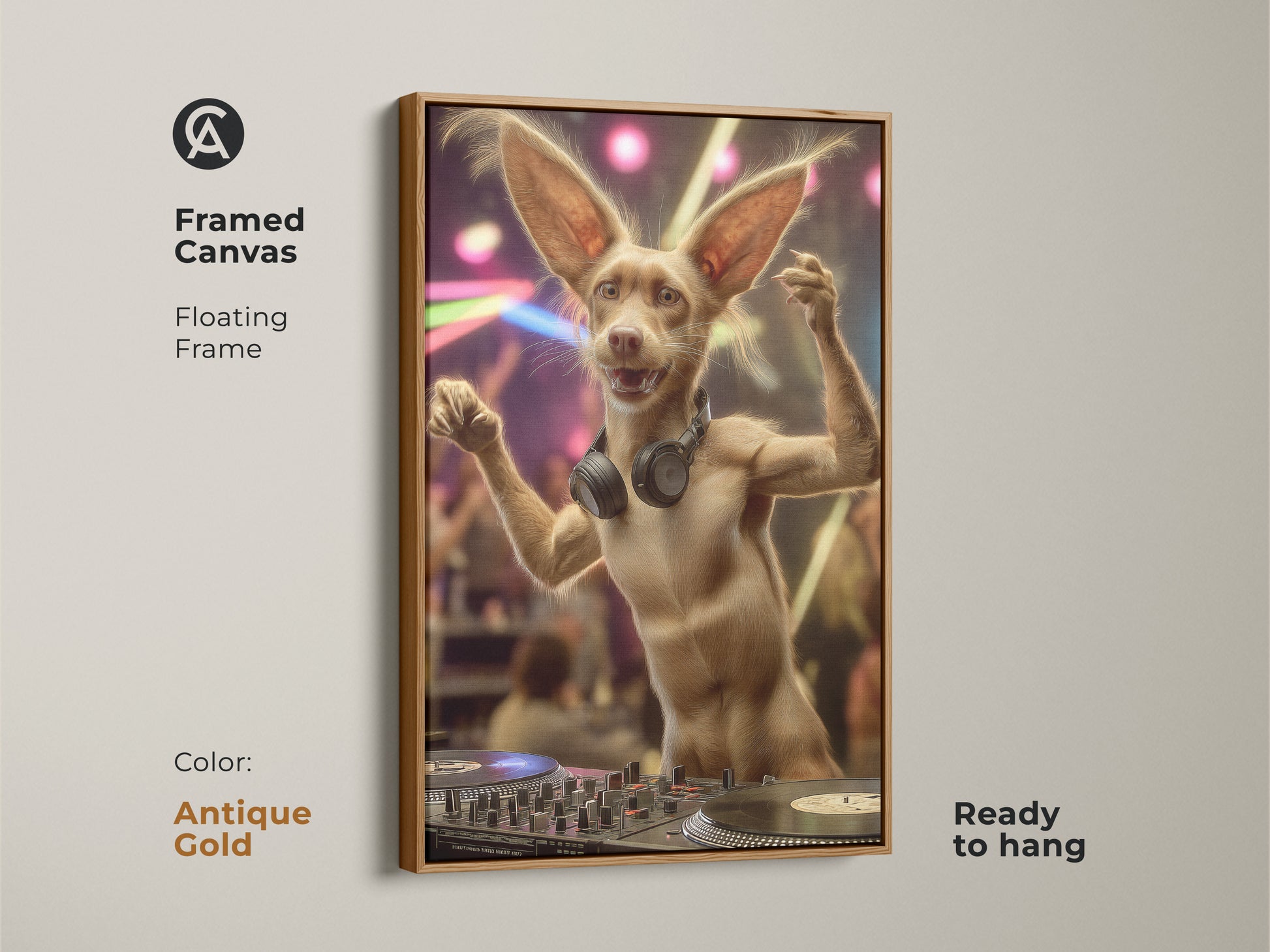A framed canvas of a funny DJ dog art with floating frame in Antique Gold. This eclectic animal wall art is a fun gift for music lovers. It is ready to hang on any entertainment room or home bar.