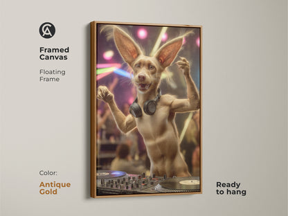 A framed canvas of a funny DJ dog art with floating frame in Antique Gold. This eclectic animal wall art is a fun gift for music lovers. It is ready to hang on any entertainment room or home bar.