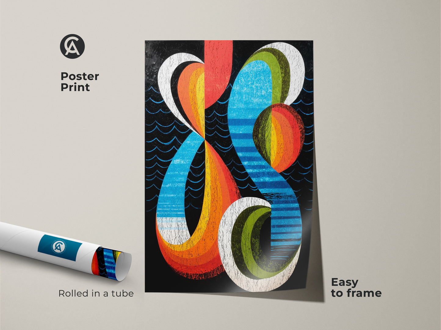 Poster print of geometric abstract art. Rolled in a tube ready to frame. The mid-century modern artwork features an orange blue and red color palette. Perfect as office wall decor or a unique home art print. Ideal for those who appreciate abstract geometric art.