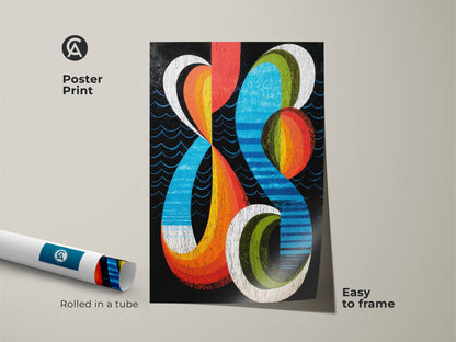 Poster print of geometric abstract art. Rolled in a tube ready to frame. The mid-century modern artwork features an orange blue and red color palette. Perfect as office wall decor or a unique home art print. Ideal for those who appreciate abstract geometric art.