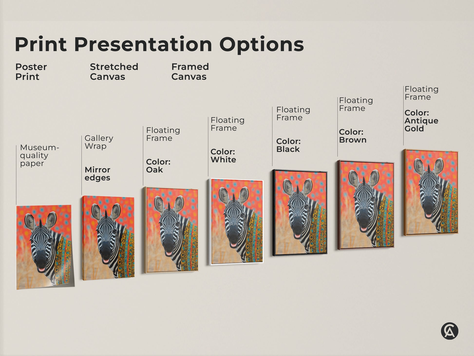 Print presentation options for tribal zebra art. Choose from poster museum quality paper. Stretched canvas gallery wrap with mirror edges. Framed canvas in oak white black brown and antique gold. Select the perfect format for your boho animal art.