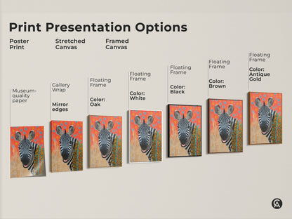 Print presentation options for tribal zebra art. Choose from poster museum quality paper. Stretched canvas gallery wrap with mirror edges. Framed canvas in oak white black brown and antique gold. Select the perfect format for your boho animal art.