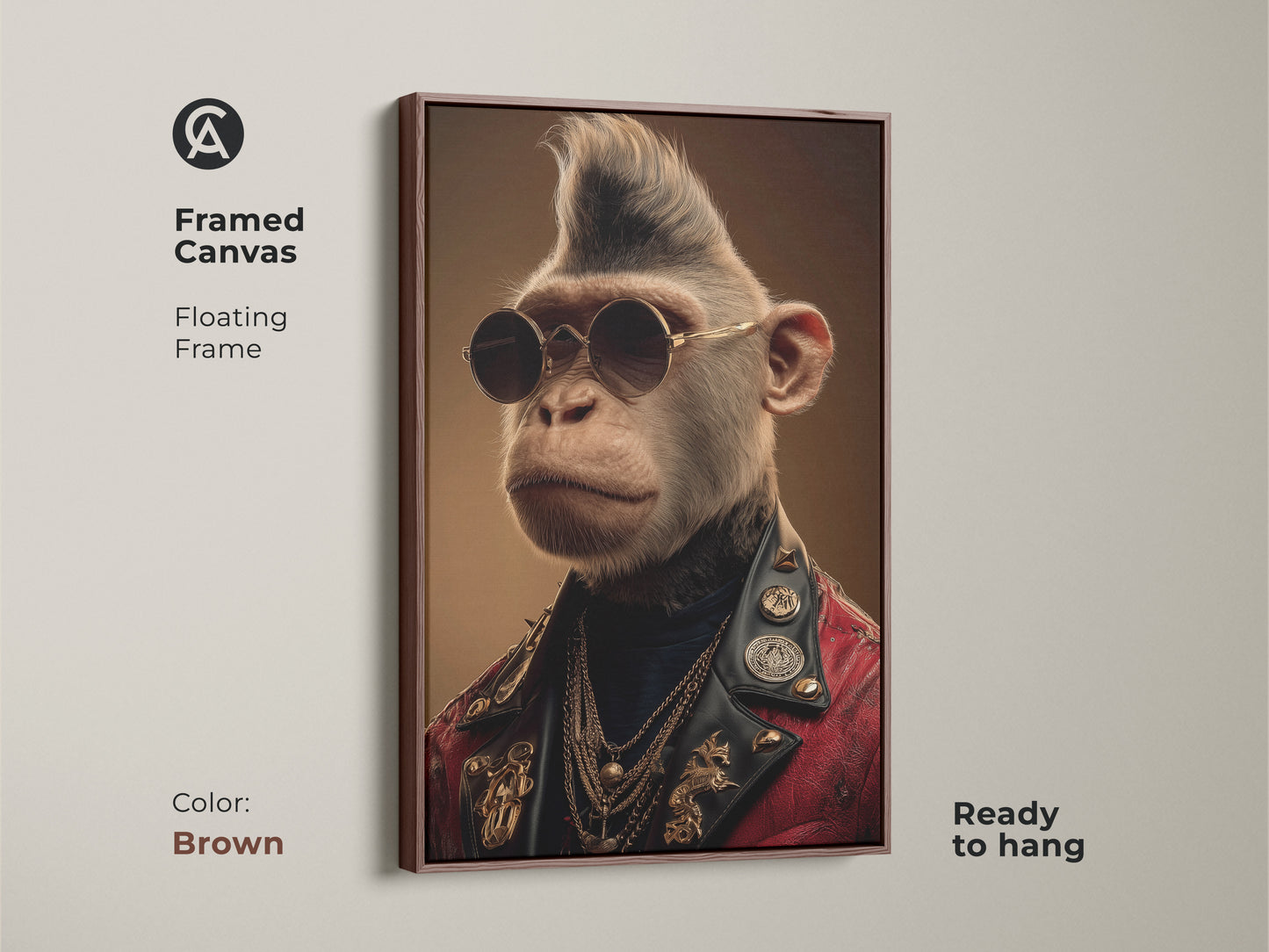 Framed canvas art displaying a rockstar monkey portrait with a brown floating frame. Ready to hang this eclectic animal wall art is perfect for adding a retro aesthetic to your space.