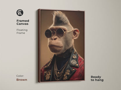 Framed canvas art displaying a rockstar monkey portrait with a brown floating frame. Ready to hang this eclectic animal wall art is perfect for adding a retro aesthetic to your space.