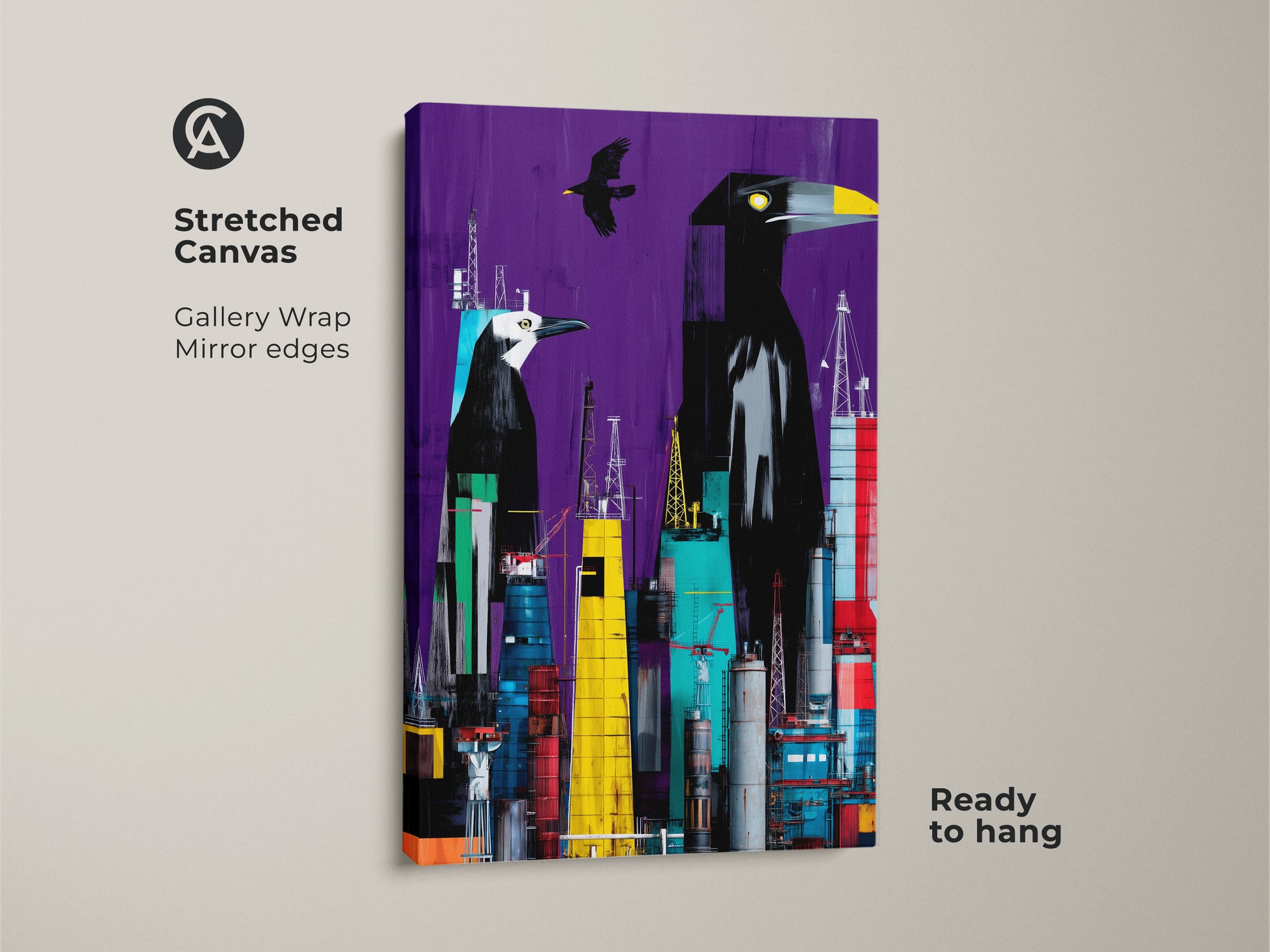 A stretched canvas displays a surreal crow cityscape art print. This piece showcases crows and an urban cityscape. It's set against a vibrant purple backdrop with yellow and teal highlights. This eclectic home decor brings artistic flair to any space. It is ideal for animal lovers. A modern surrealist painting ready to hang.