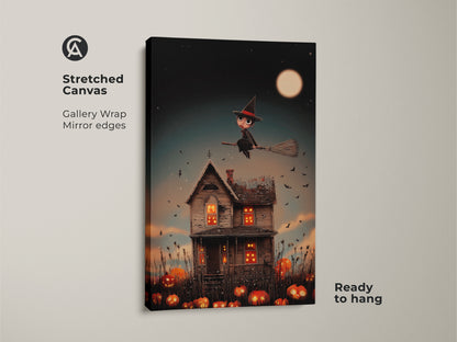 Cute witch Halloween canvas print displayed as stretched canvas. It features a gallery wrap with mirror edges. The artwork shows a witch flying over a haunted house with pumpkins. This ready-to-hang piece is perfect for kids' rooms adding spooky charm.