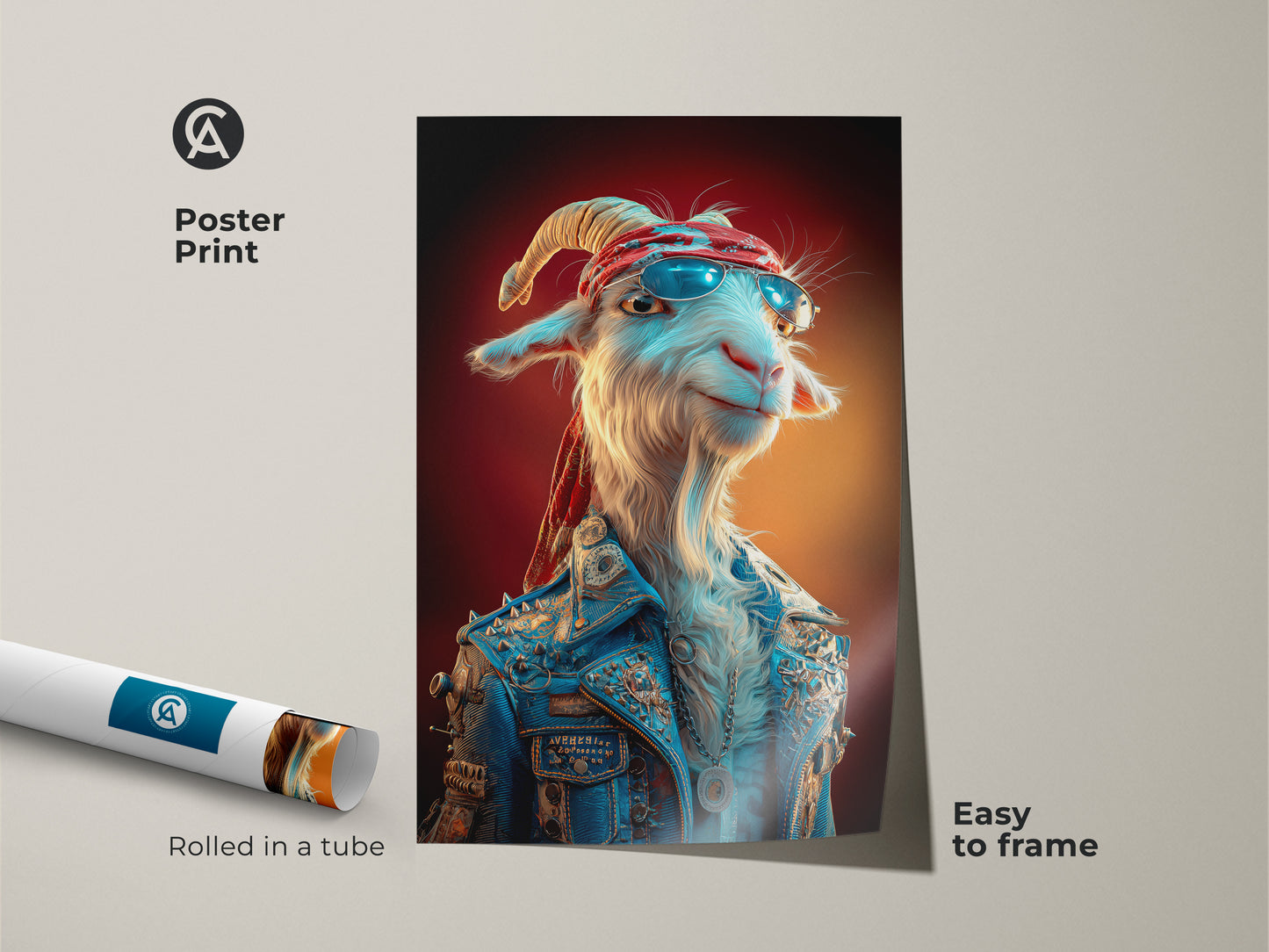Poster print of a funny goat rockstar. The blue denim jacket art makes a cool and unique statement. This animal lover gift features a sunglass-wearing goat. It is perfect for framing and adds an eclectic touch. A great piece of animal portrait art.