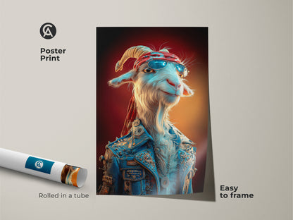 Poster print of a funny goat rockstar. The blue denim jacket art makes a cool and unique statement. This animal lover gift features a sunglass-wearing goat. It is perfect for framing and adds an eclectic touch. A great piece of animal portrait art.