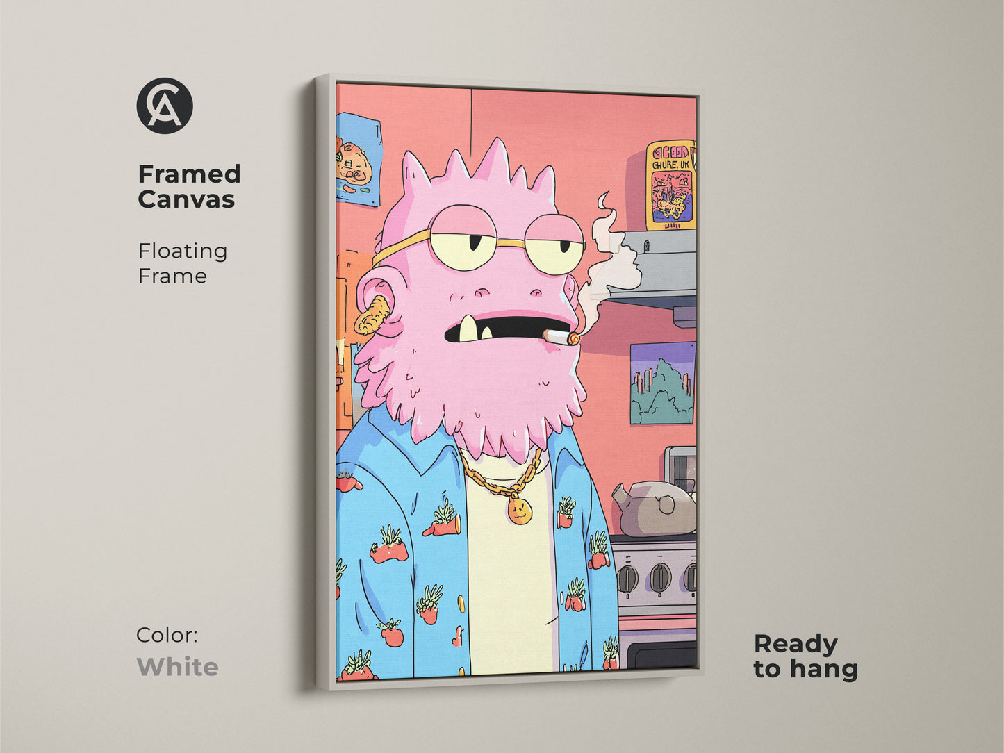 Framed canvas with a white floating frame showing a quirky pink monster artwork. This surreal character print is ready to hang. It's ideal for eclectic home decor or as a unique gift. The funny monster art adds a pop culture touch to any room.