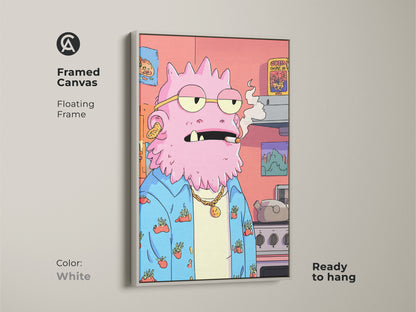 Framed canvas with a white floating frame showing a quirky pink monster artwork. This surreal character print is ready to hang. It's ideal for eclectic home decor or as a unique gift. The funny monster art adds a pop culture touch to any room.