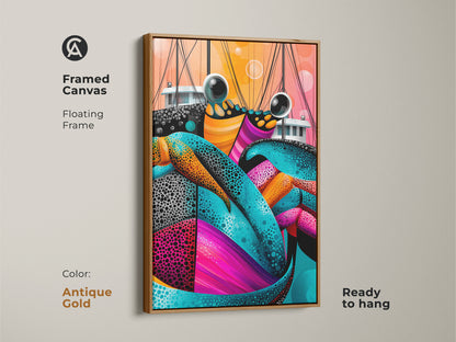 Framed abstract crab wall art. This marine life artwork is in an antique gold frame. The teal pink and orange colors add a vibrant touch. This nautical art piece enhances eclectic decor. It is an eye-catching piece for any room. This is a unique home gift.