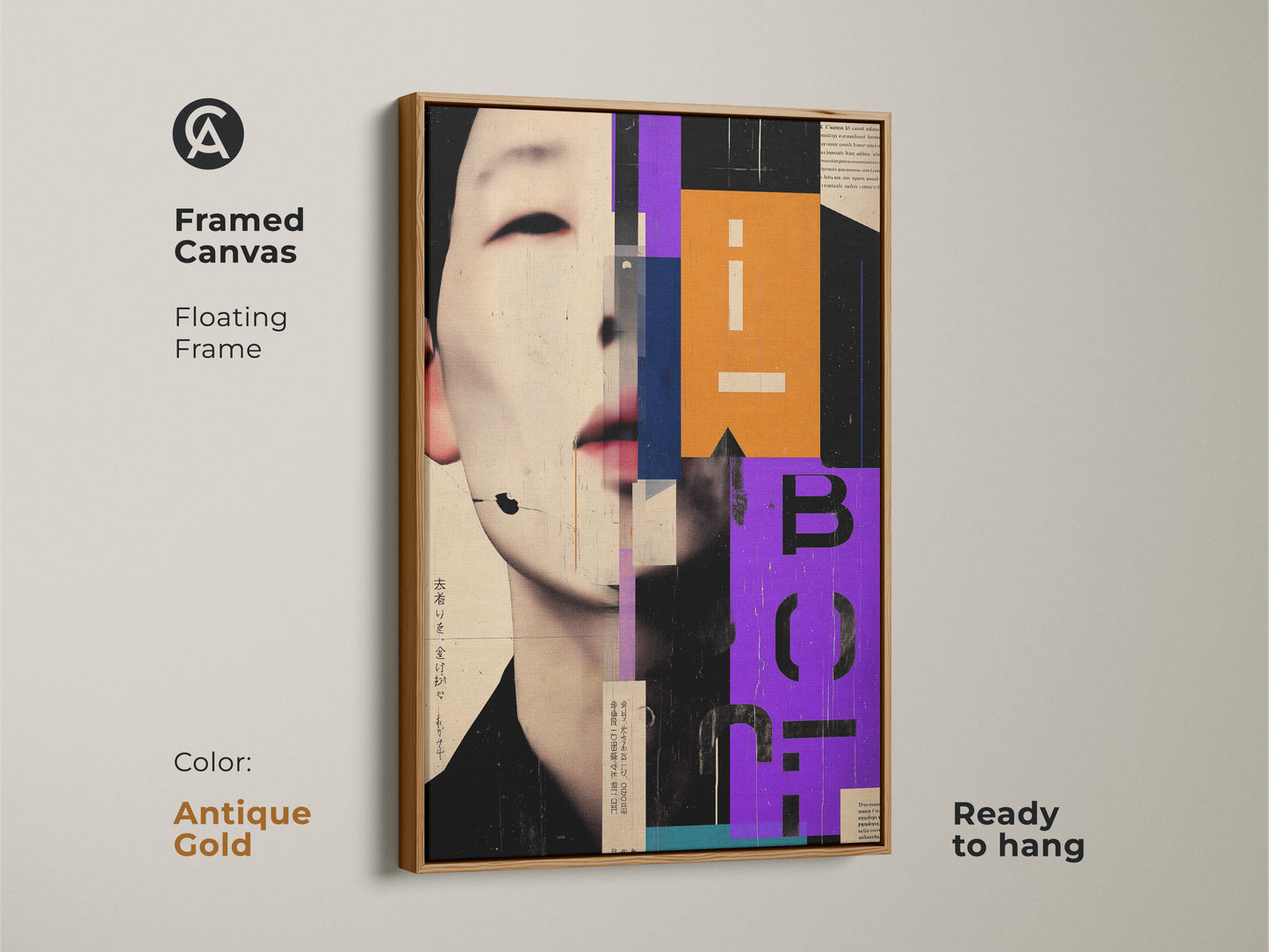Framed canvas featuring a beige abstract art print. This contemporary portrait highlights geometric orange and purple wall art. This modern office decor canvas comes in an antique gold floating frame. A striking piece of designer wall art perfect for art collectors and modern interiors.