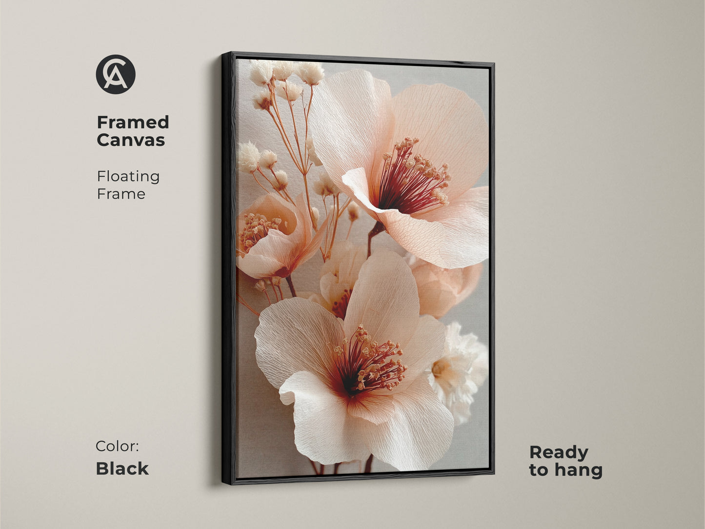 Framed canvas with black floating frame showcasing blush pink peony artwork. Ready to hang art for botanical home decor. The coral flower blossoms and soft gray accents create a boho feel. Elegant flower art for a bedroom or living room. A perfect gift.