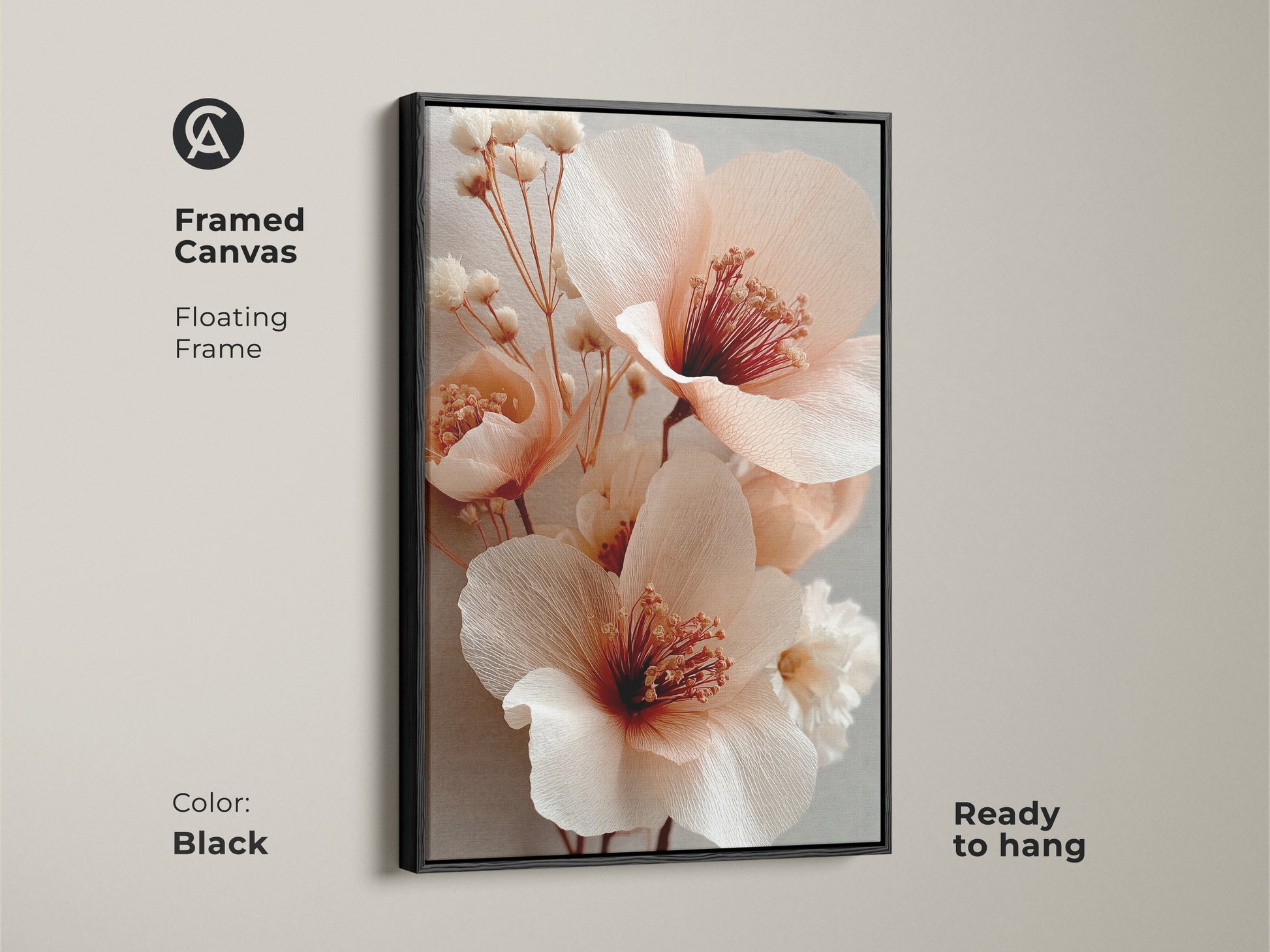 Framed canvas with black floating frame showcasing blush pink peony artwork. Ready to hang art for botanical home decor. The coral flower blossoms and soft gray accents create a boho feel. Elegant flower art for a bedroom or living room. A perfect gift.