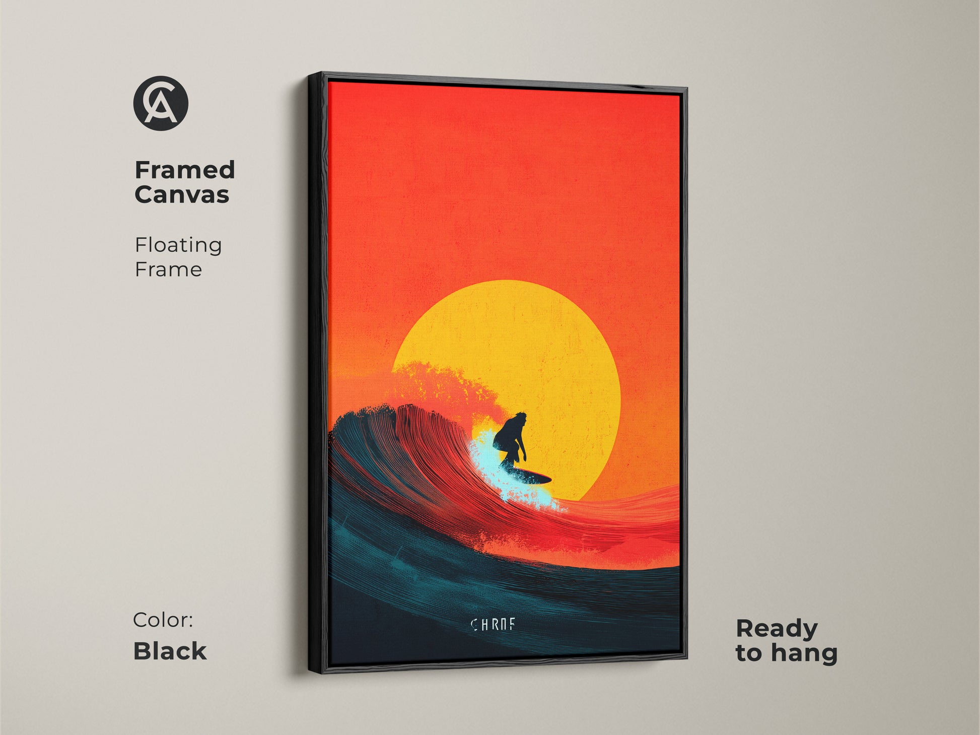 Framed canvas featuring surfing wave art. Floating frame enhances the coastal sunset scene. Black frame adds a modern touch. Ready to hang the artwork and complete your surfer-themed room. A perfect piece for beach house decor.
