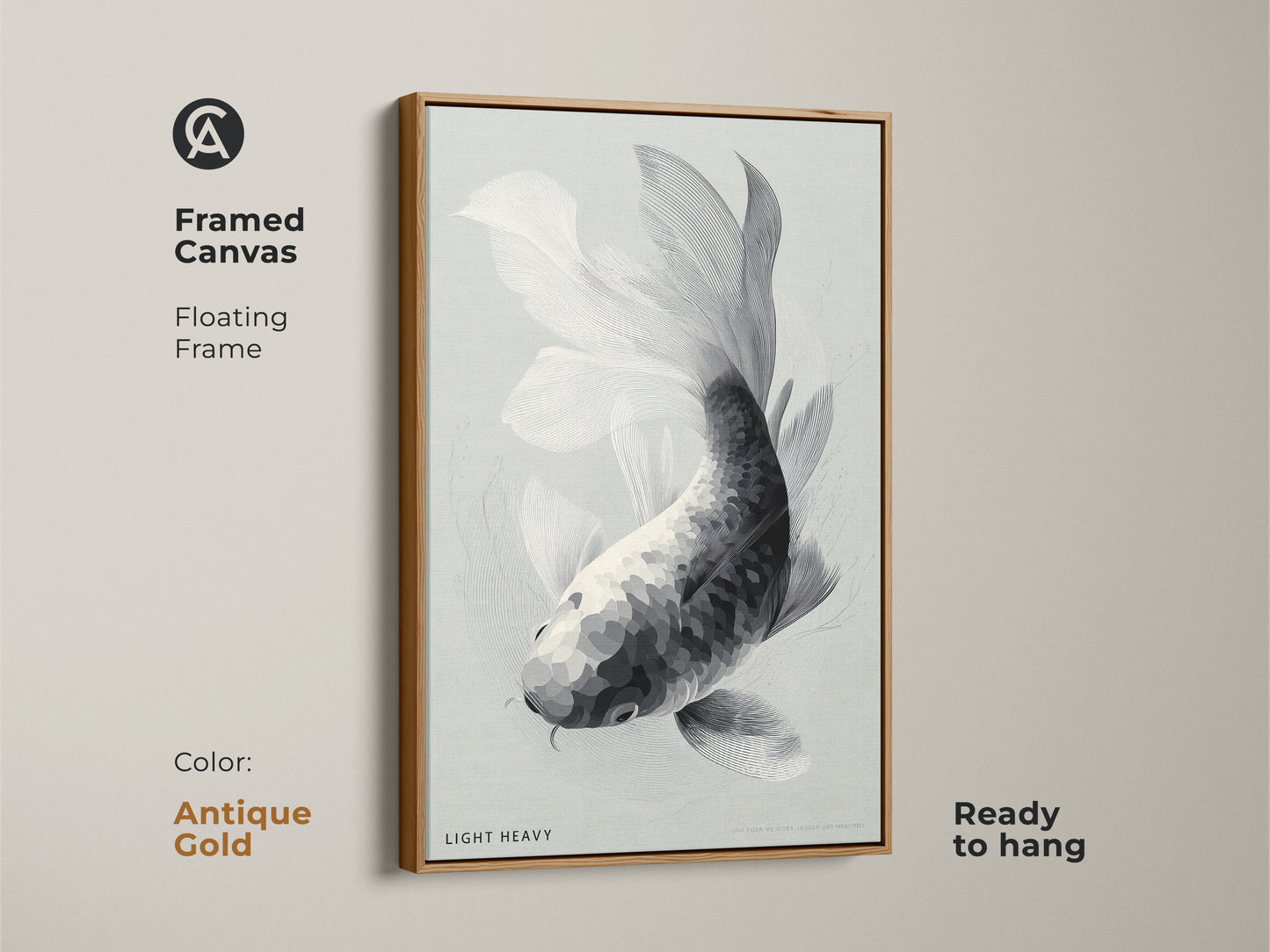 Framed canvas art presents a black and white koi fish drawing. The floating frame is antique gold. This ready to hang artwork adds a touch of glamour. The metallic accents enhance the visual appeal. Its a beautiful piece for adding a sophisticated touch to your home.